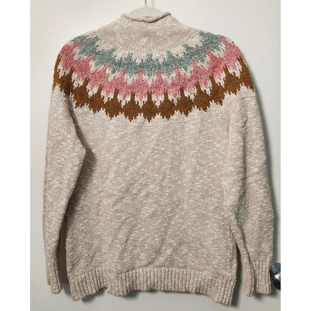 L.L. Bean Women's Cotton‎ Ragg Sweater Large Funnel Roll Neck Fair Isle Beige - Picture 2 of 11